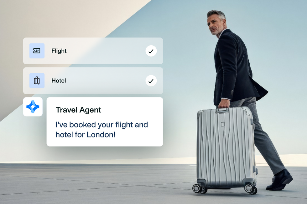 A visualisation of the Payhawk Travel AI Agent confirming the booking of flights and hotel for a business traveller